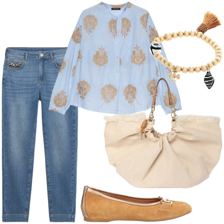 Outfit donna - Total look #2167072. Stile Etnico per Tutti i giorni. Abbinamento con ballerine, braccialetti, bluse, jeans skinny, borse a mano.