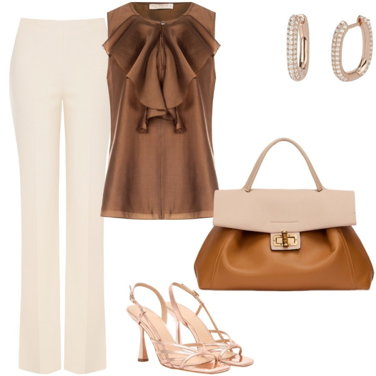 Outfit donna - Per i sacramenti. Stile Chic per Cerimonia. Abbinamento con orecchini, pantaloni a palazzo, bluse, borse a tracolla, sandali col tacco.