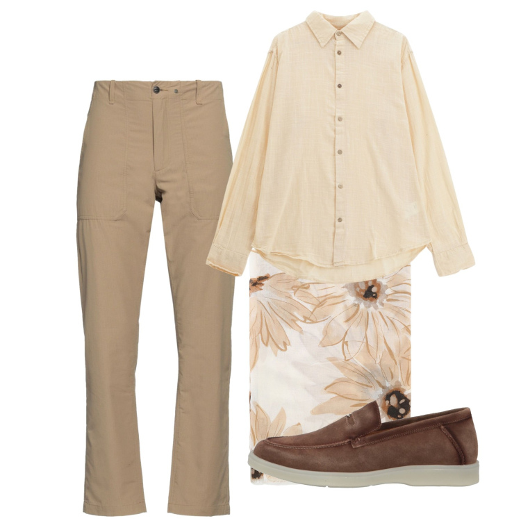 Outfit uomo - Beige. Stile Casual per Tutti i giorni. Abbinamento con scarpe stringate, pantaloni, camicie, sciarpe e foulard.
