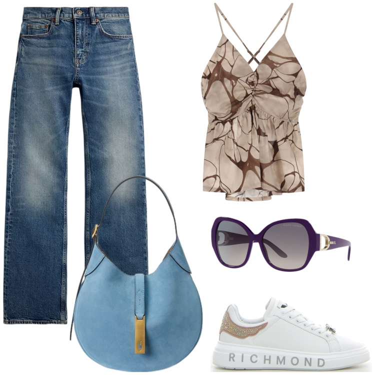 Outfit donna - Occhiali da diva. Stile Trendy per Tutti i giorni. Abbinamento con canottiere, jeans bootcut, occhiali da sole, borse a spalla, sneakers.