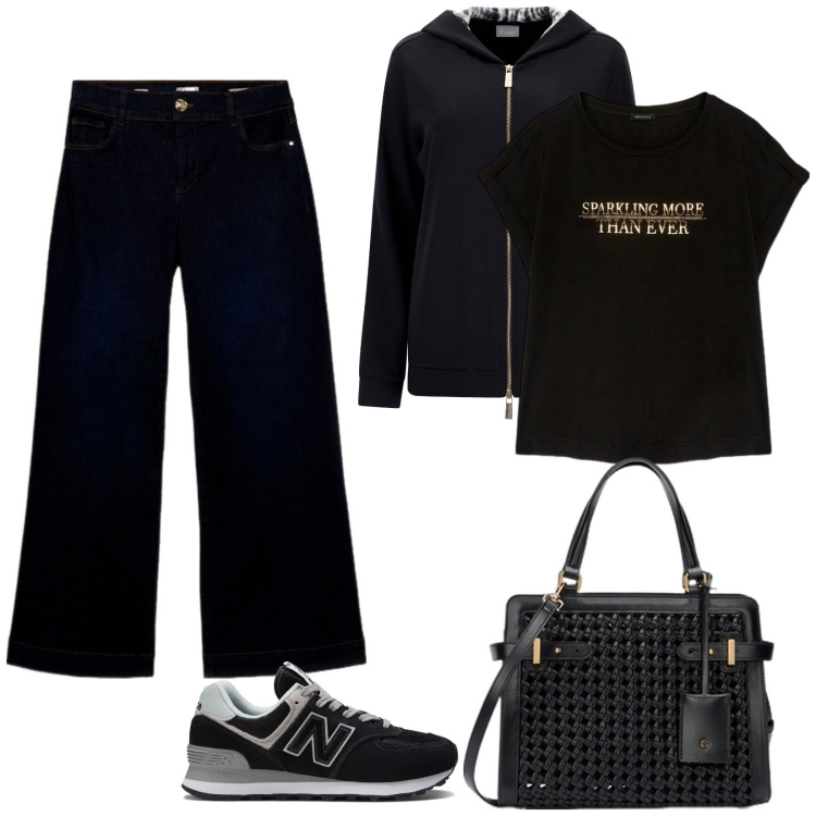 Outfit donna - T-shirt nera musthave. Stile Basic per Tutti i giorni. Abbinamento con sneakers, felpe con cappuccio, t-shirt, jeans, borse a mano.