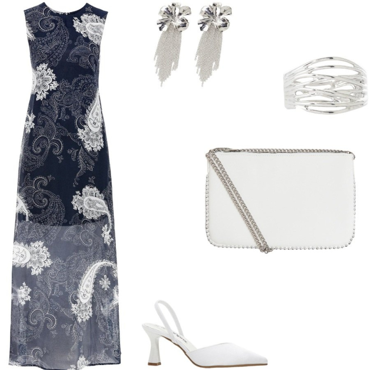Outfit donna - Stampa paisley. Stile Sexy per Serata fuori. Abbinamento con vestiti lunghi, décolleté, borse a tracolla, orecchini, braccialetti.
