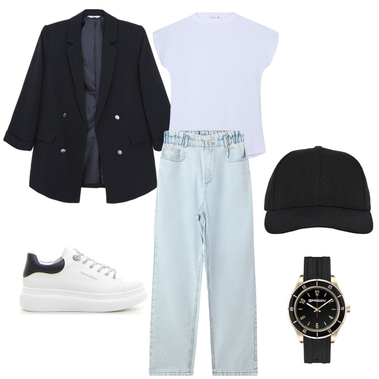 Outfit donna - Alla moda, anche in t-shirt. Stile Casual per Ufficio. Abbinamento con blazer, jeans, t-shirt, cappelli con visiera, orologi, sneakers.