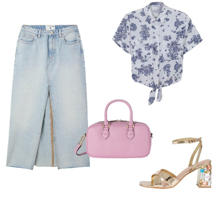 Outfit donna - Gonna lunga di jeans. Stile Trendy per Tutti i giorni. Abbinamento con gonne lunghe, camicie, sandali gioiello, borse a mano.