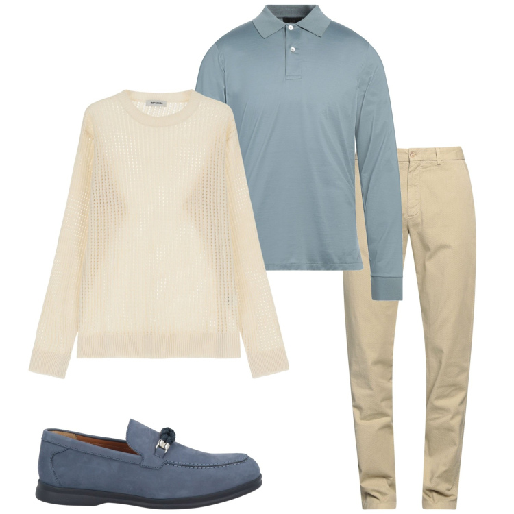 Outfit uomo - Color avio. Stile Casual per Tutti i giorni. Abbinamento con scarpe stringate, pantaloni chino, polo, pullovers.
