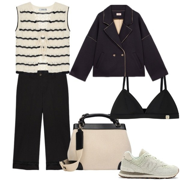 Outfit donna - Come di giorno. Stile Basic per Ufficio. Abbinamento con sneakers, top, reggiseni, pantaloni, blazer, borse a mano.