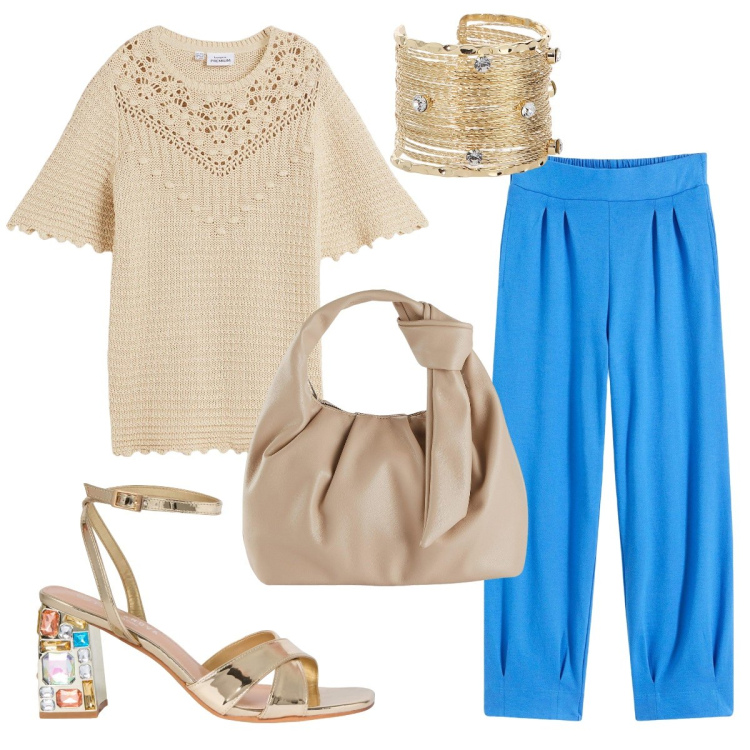 Outfit donna - Apericena con le amiche. Stile Boho per Serata fuori. Abbinamento con borse a mano, pantaloni, maglieria, sandali gioiello, braccialetti.