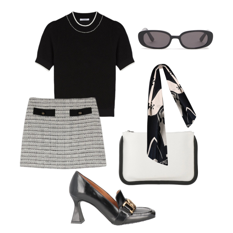 Outfit donna - Preppy chic di giorno. Stile Preppy per Tutti i giorni. Abbinamento con mocassini, borse a mano, sciarpe, occhiali da sole, maglieria, minigonne.