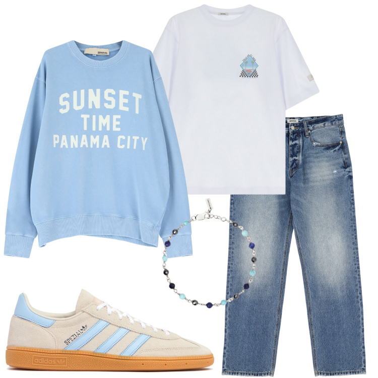 Outfit uomo - Casual style. Stile Casual per Tutti i giorni. Abbinamento con braccialetti, jeans, t-shirt, felpe, sneakers.
