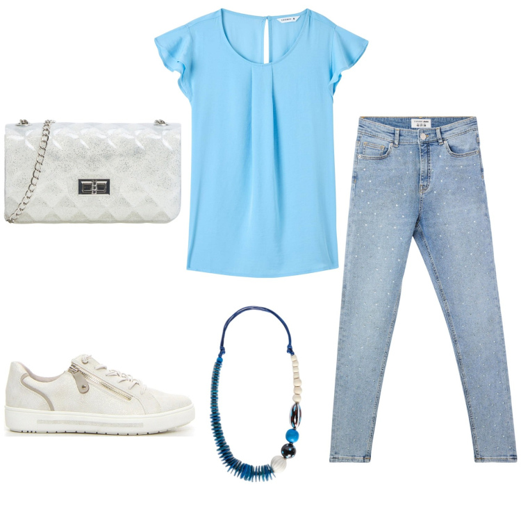 Outfit donna - Celeste casual. Stile Casual per Tutti i giorni. Abbinamento con bluse, borse a tracolla, jeans skinny, sneakers, collane.