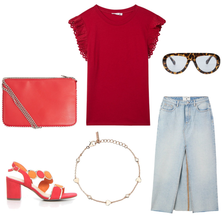 Outfit donna - Rosso fuoco. Stile Boho per Tutti i giorni. Abbinamento con borse a tracolla, t-shirt, gonne lunghe, braccialetti, occhiali da sole, sandali col tacco.