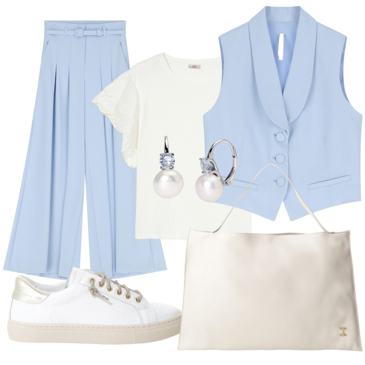 Outfit donna - Celeste per quando vuoi. Stile Casual chic per Serata fuori. Abbinamento con orecchini, sneakers, pantaloni, gilet, borse a spalla, t-shirt.