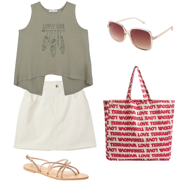 Outfit donna - Mini e shopping. Stile Sporty chic per Tutti i giorni. Abbinamento con occhiali da sole, minigonne, sandali, borse tote, canottiere.