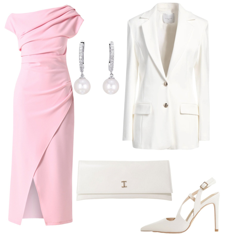 Outfit donna - Abito rosa elegante. Stile Chic per Cerimonia. Abbinamento con blazer, vestiti asimmetrici, orecchini, pochette, décolleté.