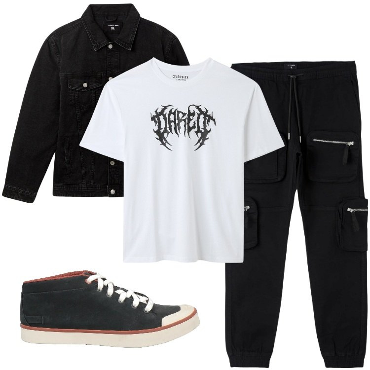 Outfit uomo - Total look #2167143. Stile Biker Rock per Tutti i giorni. Abbinamento con sneakers, giacche, pantaloni cargo, t-shirt.