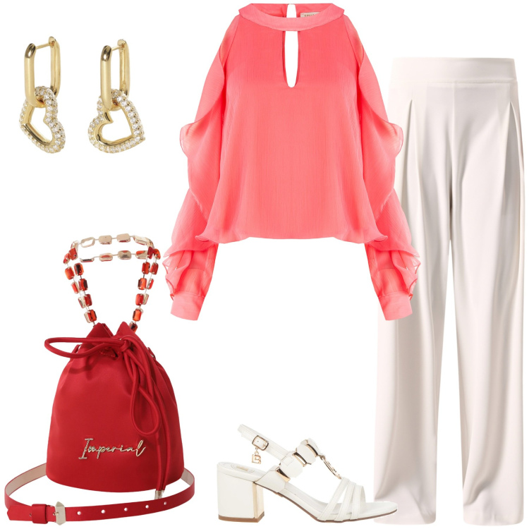 Outfit donna - Rouches rosa/ rosso imperial. Stile Casual chic per Tutti i giorni. Abbinamento con sandali col tacco, pantaloni a palazzo, bluse, orecchini, borse a secchiello.