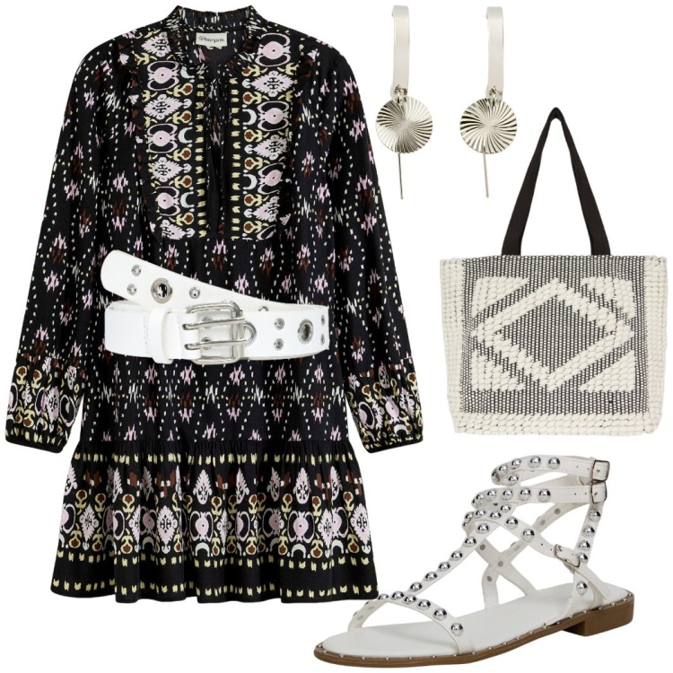 Outfit donna - Boho chic. Stile Boho per Tutti i giorni. Abbinamento con vestiti, orecchini, cinture, sandali, shopping bag.