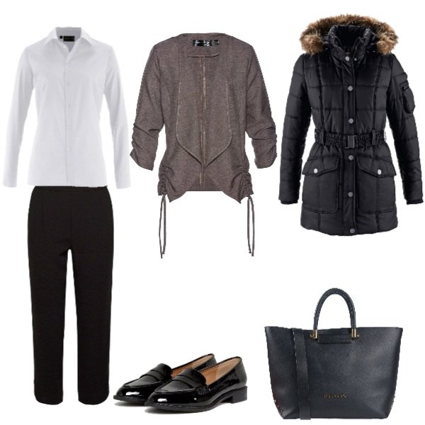 Outfit donna - Trebdy, mannish stile. Stile Trendy per Ufficio. Abbinamento con camicie, blazer, parka, borsa a mano maxi con zip interno sfoderato in pelle sintetica tinta unita, scarpe pianta larga, pantalone nero.