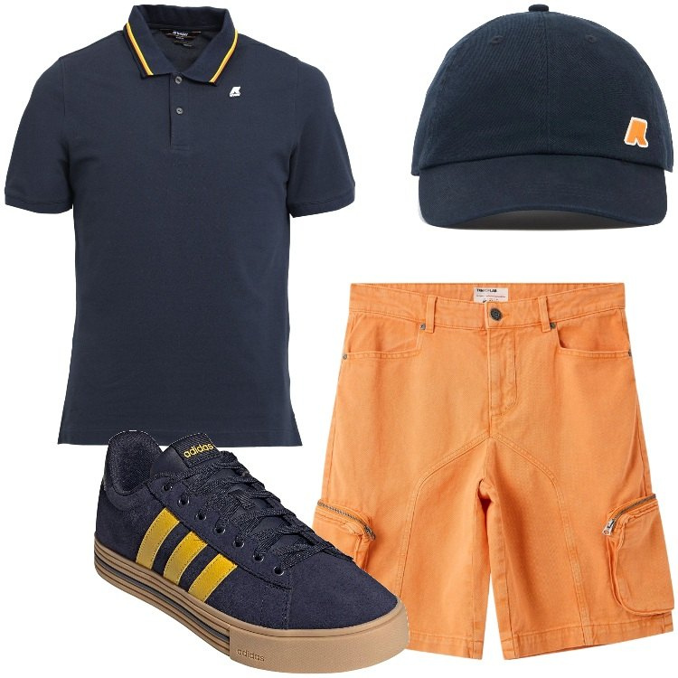 Outfit uomo - Blu e arancio. Stile Casual per Tutti i giorni. Abbinamento con polo, pantaloni corti, cappelli, sneakers.