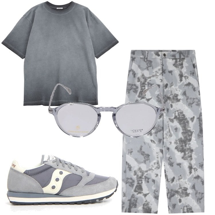 Outfit uomo - Mimetismo in città. Stile Urban per Tutti i giorni. Abbinamento con pantaloni, t-shirt, occhiali da sole, sneakers.