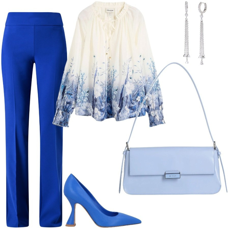 Outfit donna - Friday. Stile Chic per Serata fuori. Abbinamento con bluse, décolleté, borse a spalla, orecchini, pantaloni.