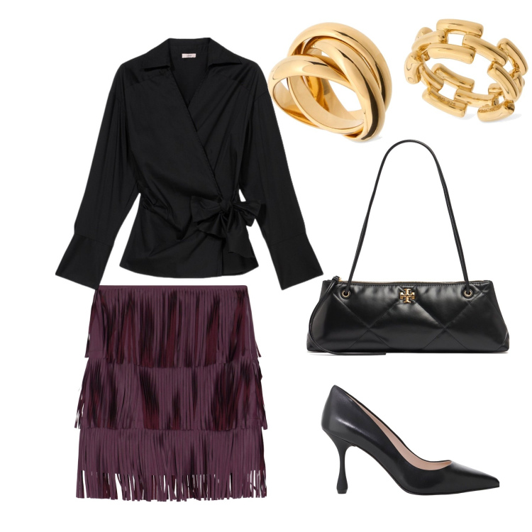 Outfit donna - Sinfonia serale. Stile Chic per Serata fuori. Abbinamento con décolleté, minigonne, bluse, anelli, anelli, borse a spalla.