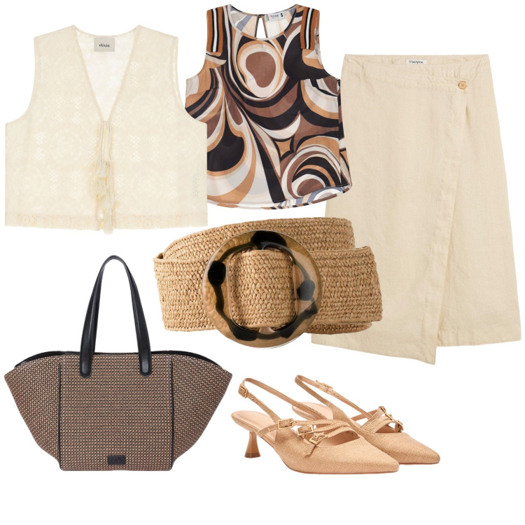 Outfit donna - Total look #2167175. Stile Boho per Serata fuori. Abbinamento con cinture, gonne, top, gilet, shopping bag, décolleté.