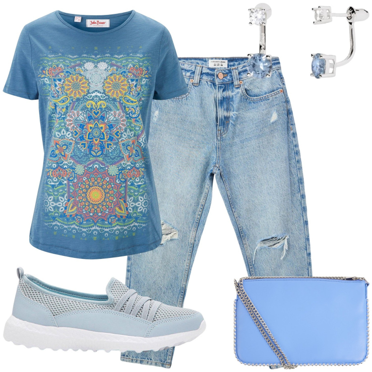 Outfit donna - Simply denim. Stile Casual chic per Tutti i giorni. Abbinamento con sneakers, t-shirt, jeans mom, borse a tracolla, orecchini.