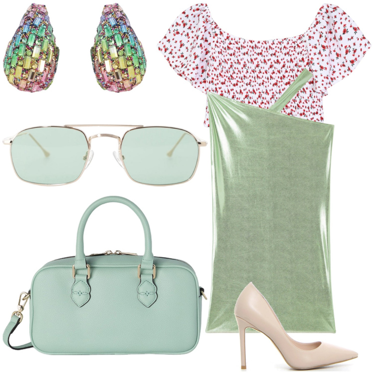 Outfit donna - Total look. Stile Urban per Tutti i giorni. Abbinamento con gonne longuette, bluse, occhiali da sole, orecchini, borse a mano, décolleté.