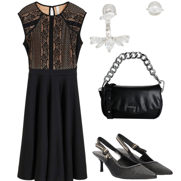 Outfit donna - Cocktail time. Stile Chic per Serata fuori. Abbinamento con vestiti, borse a mano, orecchini, décolleté.