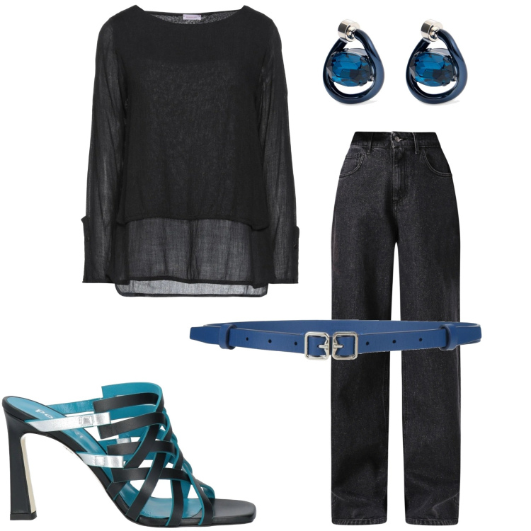 Outfit donna - Sporty chic. Stile Sporty chic per Serata fuori. Abbinamento con top, sandali in pelle, cinture, jeans, orecchini.