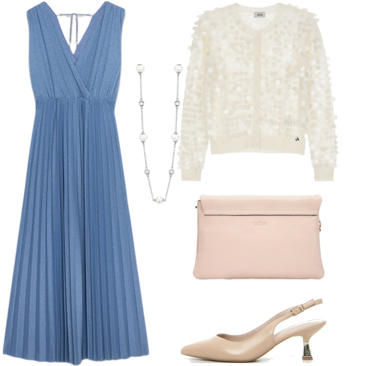 Outfit donna - Il vestito plissé. Stile Chic per Cerimonia. Abbinamento con collane, cardigans, vestiti lunghi, borse a tracolla, décolleté.