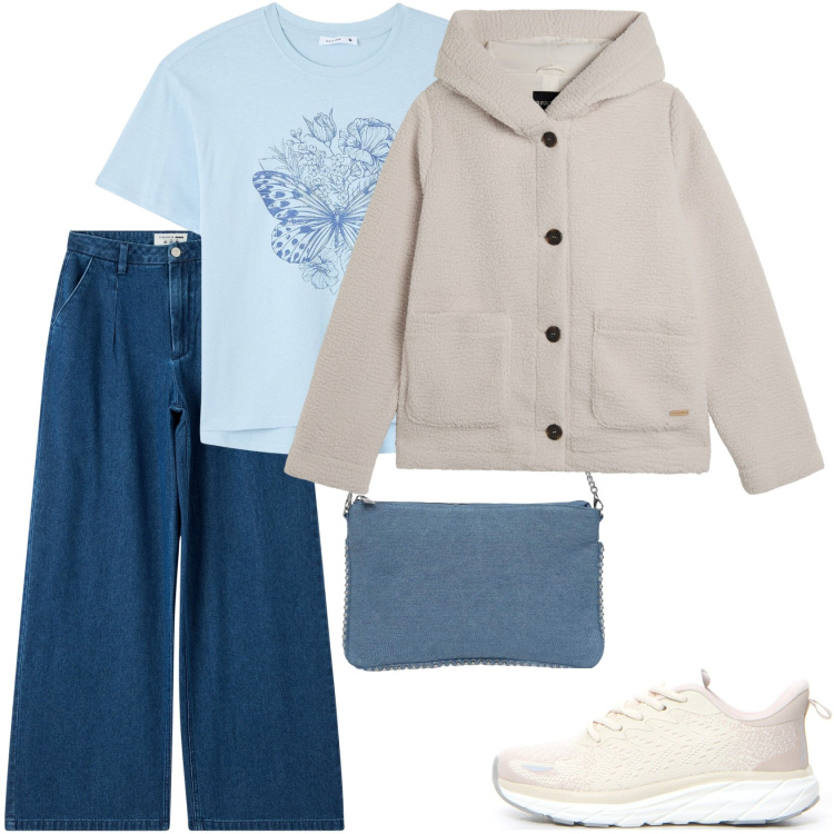 Outfit donna - In città. Stile Casual per Scuola/Università. Abbinamento con borse a tracolla, t-shirt, jeans, blazer, sneakers.