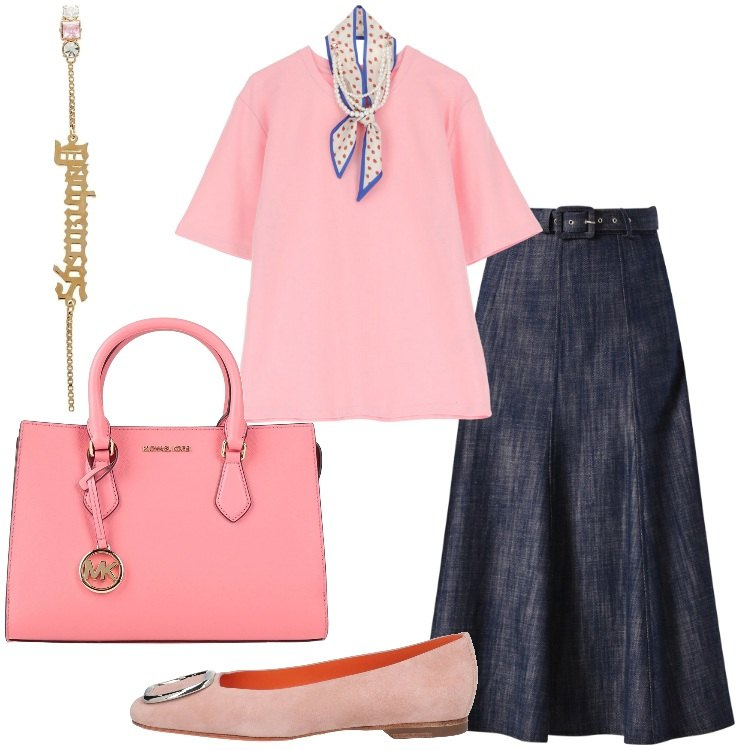 Outfit donna - Denim soft con twist femminile. Stile Bon Ton per Ufficio. Abbinamento con borse a mano, orecchini, ballerine, t-shirt, gonne longuette.