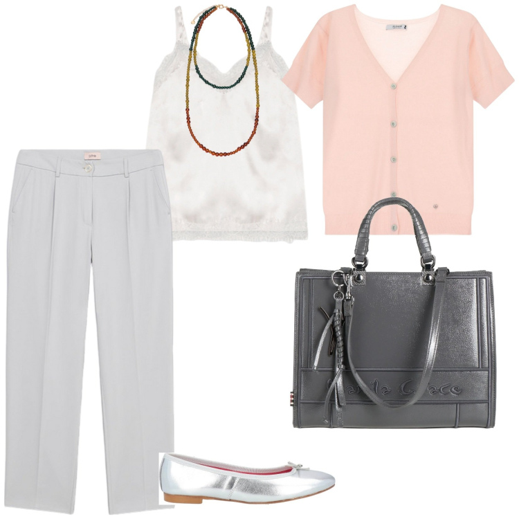 Outfit donna - A lavoro. per Scuola/Università. Abbinamento con borse a mano, ballerine, cardigans, canottiere, ciondoli, pantaloni.