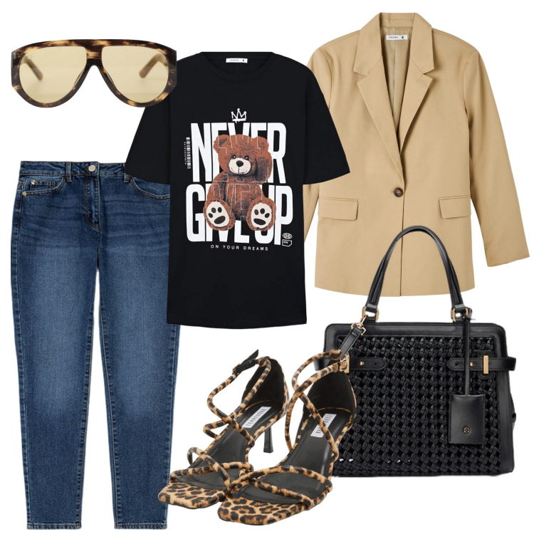 Outfit donna - Maculato. Stile Trendy per Tutti i giorni. Abbinamento con blazer, t-shirt, sandali col tacco, occhiali da sole, jeans slim fit, borse a mano.