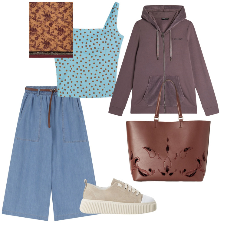Outfit donna - Facciamo un po\' di shopping. per Tutti i giorni. Abbinamento con jeans, sneakers, felpe con cappuccio, shopping bag, foulard, top.