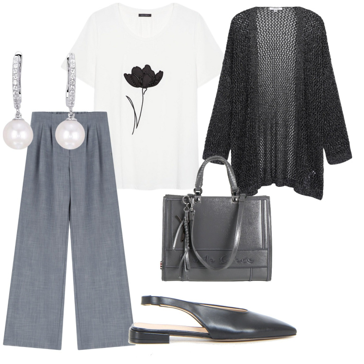 Outfit donna - Quando vuoi. per Tutti i giorni. Abbinamento con borse a mano, kimono, orecchini, pantaloni, t-shirt, décolleté.