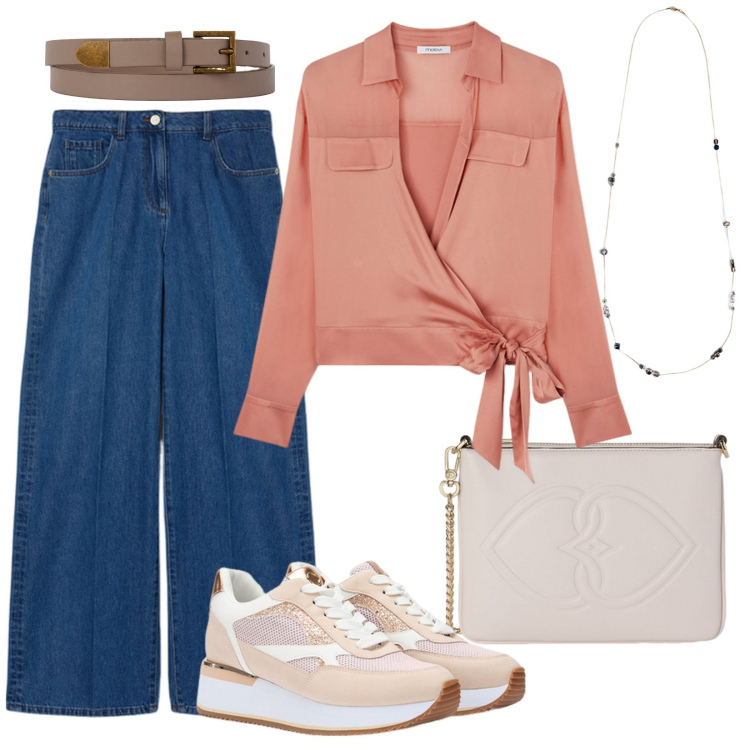 Outfit donna - Denim con un pizzico di eleganza. Stile Casual chic per Tutti i giorni. Abbinamento con cinture, collane, camicie, jeans, sneakers, pochette.