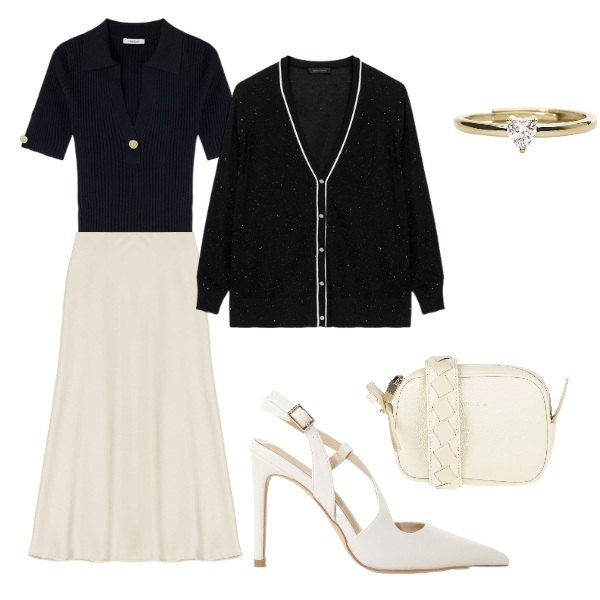 Outfit donna - le scarpe a righe. Stile Bon Ton per Serata fuori. Abbinamento con borse a tracolla, anelli, décolleté, gonne longuette, cardigans, polo.