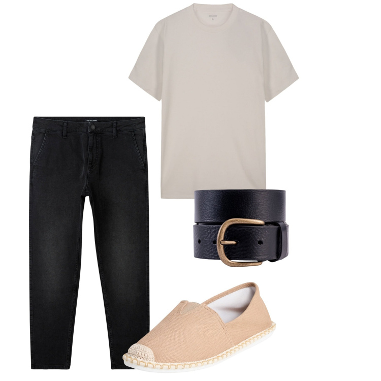 Outfit uomo - Maggio. Stile Casual per Tutti i giorni. Abbinamento con espadrillas, jeans, cinture, t-shirt.