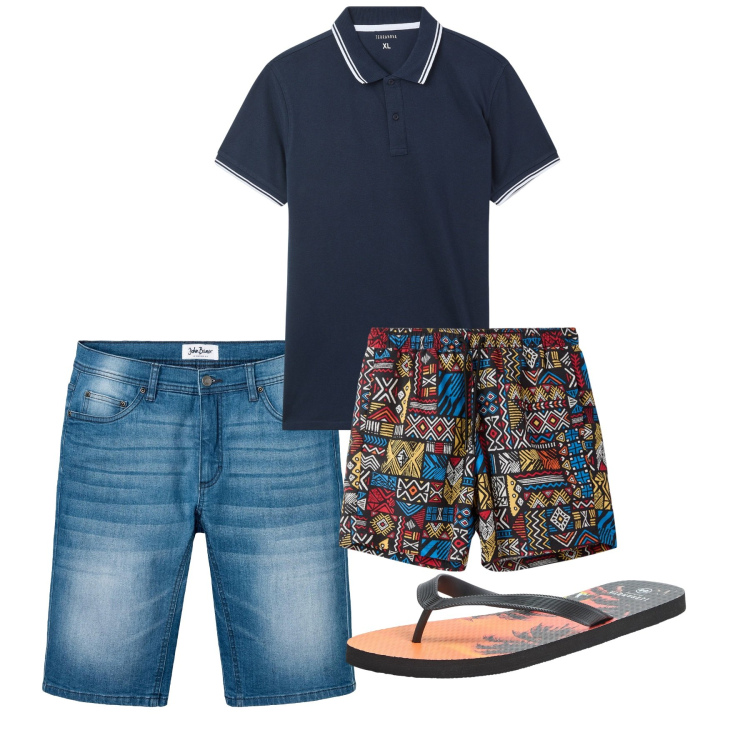 Outfit uomo - Al mare. Stile Casual per Tutti i giorni. Abbinamento con bermuda, sandali, polo, costumi.