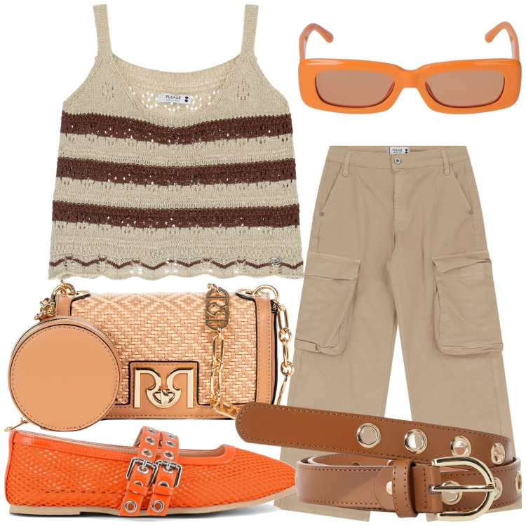Outfit donna - Total look. Stile Casual per Tutti i giorni. Abbinamento con cinture, borse a tracolla, pantaloni chino, top, ballerine, occhiali da sole.