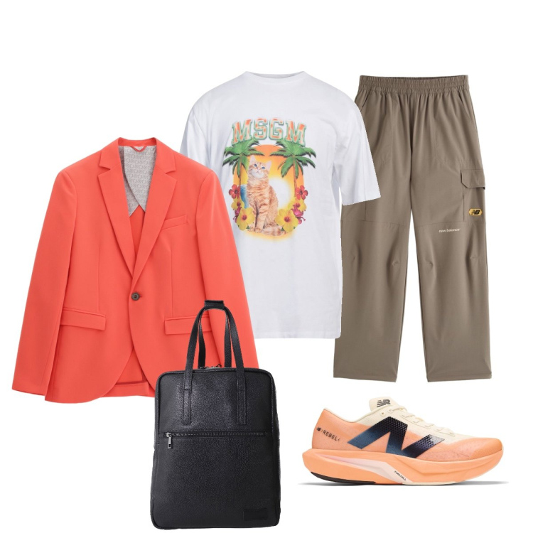 Outfit uomo - Rilassato in ufficio. Stile Casual per Ufficio. Abbinamento con t-shirt, sneakers, pantaloni, giacche, borse sportive.