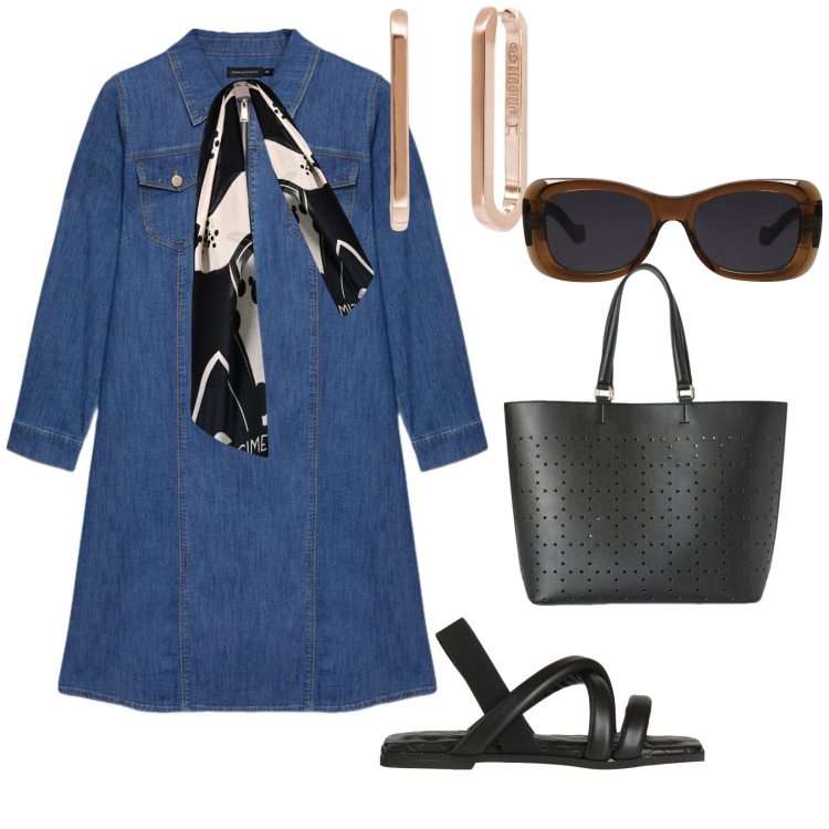 Outfit donna - In città. per Tutti i giorni. Abbinamento con occhiali da sole, sandali in pelle, orecchini, sciarpe, vestiti midi/longuette, shopping bag.