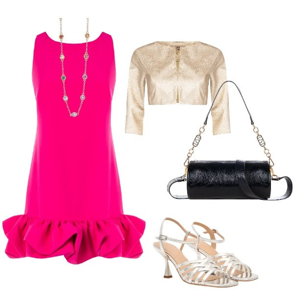 Outfit donna - il compleanno di Ester. Stile Glamour per Cerimonia. Abbinamento con collane, bolero, vestiti, borse a mano, sandali col tacco.