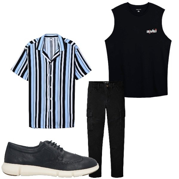 Outfit uomo - Righe. Stile Casual per Tutti i giorni. Abbinamento con pantaloni cargo, sneakers, camicie a manica corta, canottiere.