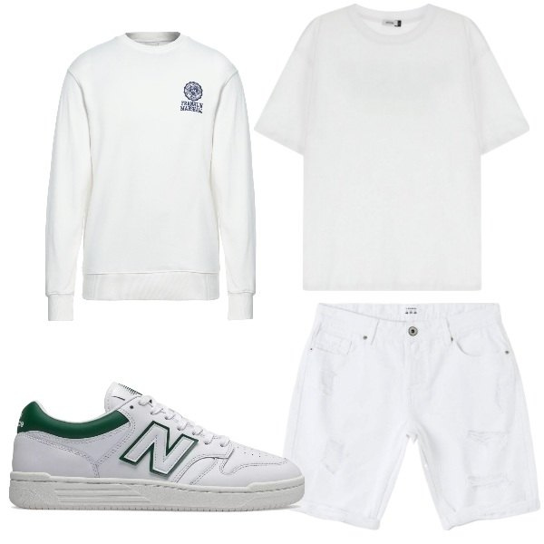 Outfit uomo - Bianco. Stile Casual per Tutti i giorni. Abbinamento con felpe, bermuda, sneakers, t-shirt.