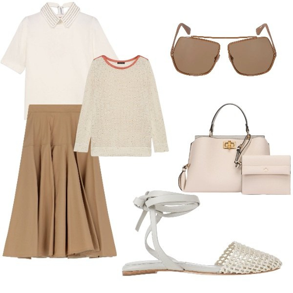 Outfit donna - Leila in ufficio. Stile Casual chic per Ufficio. Abbinamento con ballerine, gonne lunghe, maglieria, t-shirt, occhiali da sole, borse a mano.