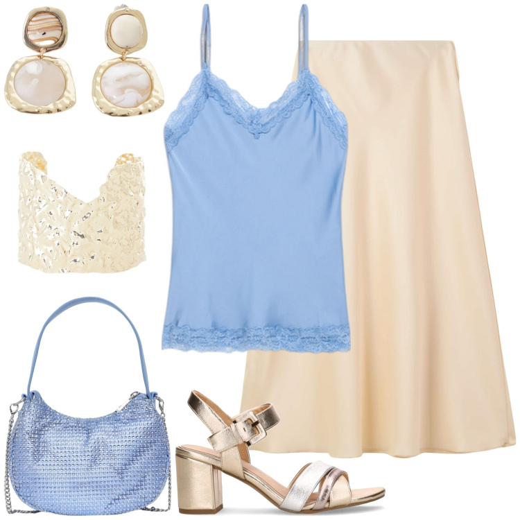 Outfit donna - Basta poco per essere elegante!. Stile Chic per Cerimonia. Abbinamento con gonne lunghe, borse a spalla, braccialetti, orecchini, sandali col tacco, top.